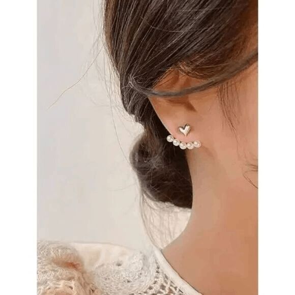 GOLD HEART PEARL EAR JACKET HUGGER STUD EARRINGS - Picture 6 of 6